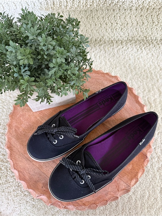 Keds Shoes - Black Keds Canvas Slip-On Boat Flats with Purple Insole.